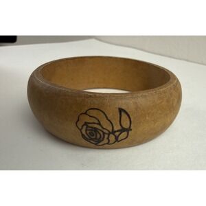 Vintage Chunky Wood Bangle Bracelet Wood Burned Rose Floral Boho Statement Artsy